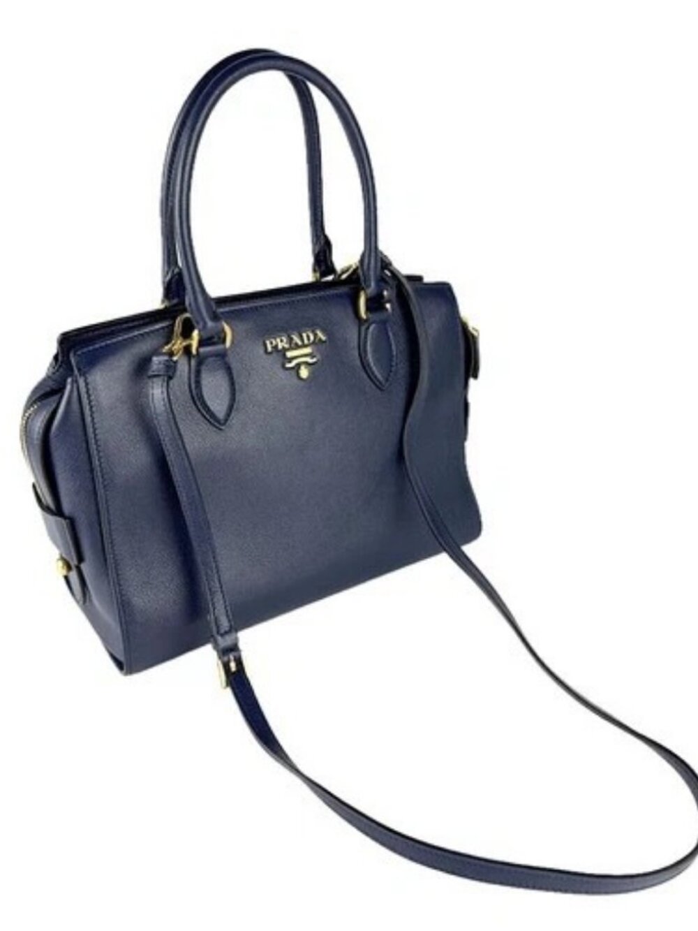 Auth PRADA Handbag Shoulder Bag Navy Leather/Goldtone - z8878 - Picture 12 of 14